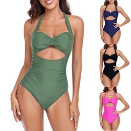 Sexy Monokini Women Halter Low Cut Wrap Knot Gathered Swimwear Hollow Out Skinny High Waist Solid Color Bathing Suits