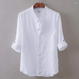 Men's Casual Shirts Vintage Style Mens V-neck White Linen Collapsible Sleeve Shirt Slim Fit Solid Colour Stand Collar Soft Clothing