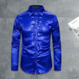 Men's Casual Shirts Men Sequin Shirt Shiny Lapel Club Dance Slim Fit Colorful Stripe Glossy Top For Performance Nights Long