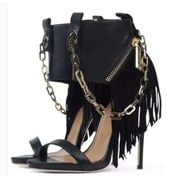 Black Women Fashion Leather Gold Chain Design Gladiator Ankle Wrap Tassels High Heel Sandals Knight 4a6