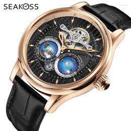 Wristwatches SEAKOSS Mens Military Automatic Mechanical Watches Double Earth World Time Watch 1963 For Men Pilots