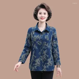 Women's Blouses Middle Aged And Elderly Denim Blouse Jacket Elegant Floral Printed Shirt Casual Nine Quarter Sleeve Ladies Top