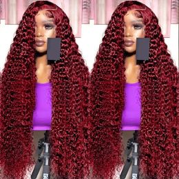 13x4 Deep Wave Lace Frontal Human Hair Transparent 99J Burgundy Full Front s Red Colored HD Curly 240513