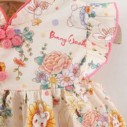 Summer New Baby Girls Cheongsam Chinese Style Bunny Flower Pattern Small Flying Sleeves Sweet Princess Dress Birthday Part