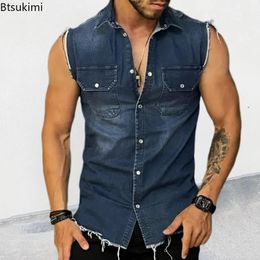 Summer Mens Denim Vest T Shirts Lapel Pocket Sleeveless Tank Top Hip Hop Jean Jacket Waistcoat Coat Muscle Tops 240509