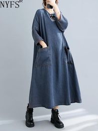 Casual Dresses NYFS 2024 Autumn Office Lady Woman Denim Dress Vestidos Robe Elbise Loose Plus Size Long Sleeve Solid