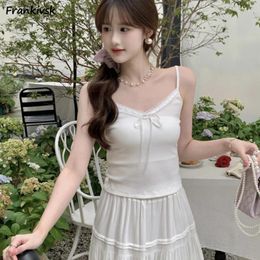 Women's Tanks Women Camisole Simple Sweet Summer Pure Colours Tight Ulzzang Bow Lace Ballet Style Schoolgirls Streetwear Creativity Ins