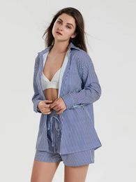 Women's Tracksuits Blue Casual Top And Shorts Set Long Sleeved Shirt With Waist Tied Stripe Two-Piece