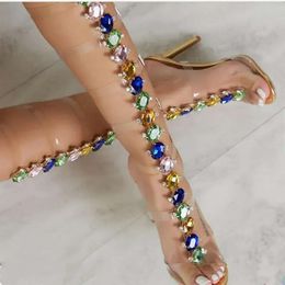 Women Style Sandals Perfetto Prova Gladiator Fashion PVC Sexy Long Crystal Shining High Heels 10cm a1e