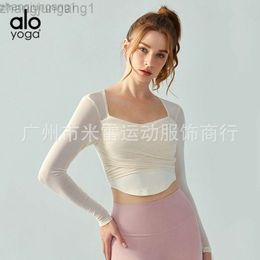 Desginer Aloe Yoga Top Alosuit Long Sleeved Womens Autumn Mesh Spliced Square Neck Fitness Sports Dance Tight Training