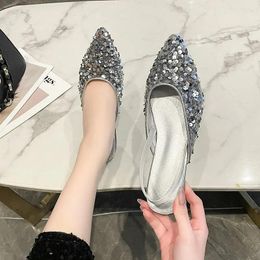 Casual Shoes Bling Black Slingbacks Flats Woman 2024 Trend Designer Pointed Toe Flat Slip-on Mules Shiny Soft Ballet Silver Cute