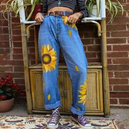 Women's Jeans Woman Sunflower Print Mid-waist Washed Straight Jean 2024 Women Plus Size Blue Black Street Aesthetic Pant Vintage Clothes