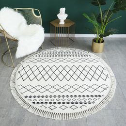 Black and White Grid Round Rug Bedroom Bedside Tassel Living Room Floor Mat Rug Floating Window M