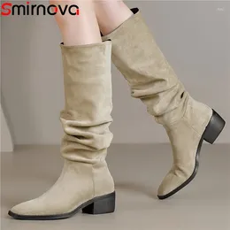 Boots Smirnova 2024 Size 34-40 Pleated Flock Knee High Office Ladies Slip On Stretch Square Med Heels Winter