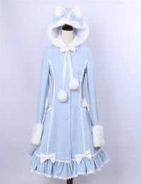 Women039s Winter Single Breasted Coat Lovely Cat Ear Lolita Hooded Light Blue Faux Fur Coat for Girl 2011037416303