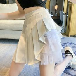 Skirts Pleated Women Chic Summer Party All-match Schoolgirls Clothing Vintage Slim Simple Pure Faldas Ulzzang Y2k Mesh Design