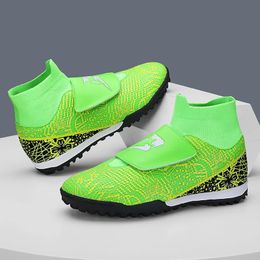 High Quality Turf Soccer Shoes Boys Girls High Top HOOK LOOP Kids Futsal Sneakers Fashion Green TF Football Boots For Children 240511