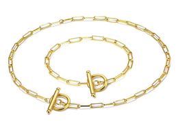 Fashion Punk Hip Hop Jewellery Stainless Steel Square Chain Toggle OT Buckle Jewellery Sets For Woman Gold Silver Colour Bracelet Neckl9356544