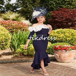 Gorgeous Mermaid Navy Mother Of The Bride Dresses 2024 Elegant Off Shoulders Beaded Wedding Guest Dress Pink 3/4 Sleeves Midi Evening Dress Women Ceremony Party Gowns