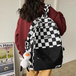 Backpack Black White Plaid Panelled Nylon Cloth For Women Big Storage Students Books Knapsack Bag Travel High Quality
