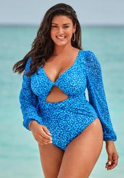 Women's Swimwear 2024 Plus Size One Piece Swimsuit Print Retro Long Sleeve Women Bandage Bathing Suits Strappy Backless Beachwear