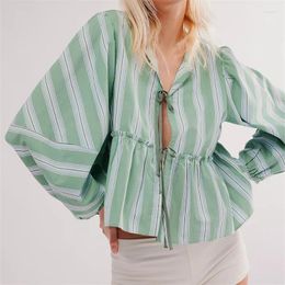 Women's Blouses Casual Striped Lace-up T Shirt Women Loose Hollow Out Lantern Sleeve Long Ruffled Tops 2024 Summer Holiday Lady