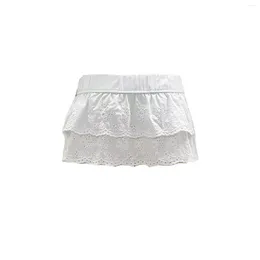 Skirts Womens White Short Cute Hollow Eyelet Embroidery Ladies Mini Elastic Waist Ruffle Low Rise