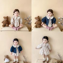 Clothing Sets 2024 Autumn Baby Girls Sister Look Set Floral Long Sleeve Romper Cotton Fitted Waist Dress Denim Coat Suit Toddler Girl Outfit