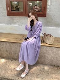 Party Dresses GkyocQ 2024 Summer Dress French Elegant V-neck Short Sleeve Loose One-piece Lace Up White Korean Fashion Purple