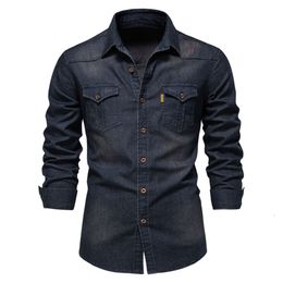 Designer Denim shirt Mens casual solid color Black navy blue men long sleeve shirt Spring autumn summer streetwear S-3XL 6b9