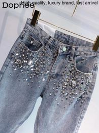 Women's Jeans Diamond Heavy Full Rhinestone Flash Loose Denim Pants For Women High Waist Blue Trousers 2024 Spring Summer Feminino