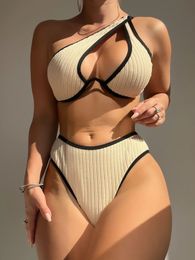 Sexy Underwire Bikini Women Beige One Shoulder Cut Out Push Up Micro Swimsuit Summer Beach Bathing Suit High Waist Swimwear 240522