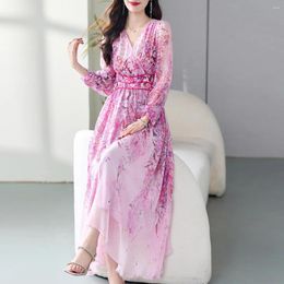 Casual Dresses Mulberry Silk Dress Purple Printed Long Sleeve Luxury For Women In Spring And Summer Of 2024