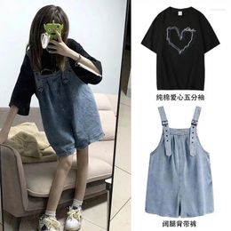 Women's Tracksuits Sweet Strap Jeans Women Summer High Waist Loose Casual Overalls Denim Shorts Short Sleeve Tshirt Two Piece Set Outfits