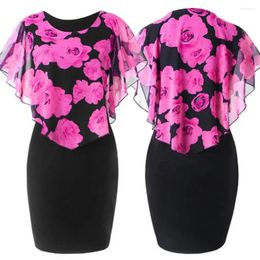 Casual Dresses Plus Size Elegant Office Lady Rose Flower Print Cape Bodycon Knee Length Dress