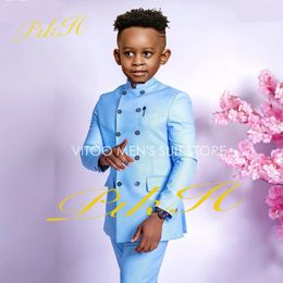 Boys Suit Wedding Double Breasted Jacket Pants 2 Piece Kids Sky Blue Dress Child Full Outfit 2-16 Years Old 240521