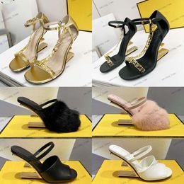 Top Brand First Sandals 7.5cm High heeled Slingback Pump Shoes Mink Fur Slides Gold Heels Chain Strappy Sandal Women Nude Black slipper Dress Wedding open Toe Pumps