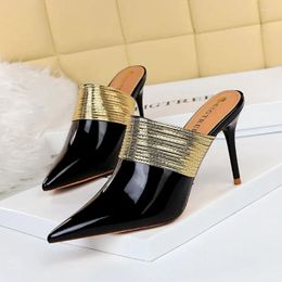 Slippers Women Summer Shoes 9cm Metal Deep Mouth Poined Toe Suede Sandals Black Patent Leather High Heels Stiletto Heeled 40