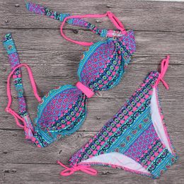 Women's Swimwear Womens Halter Brazilian Push Up Bikini Tribal Bandeau Floral Diamonds Stripe Bathing Suit Beach Wear