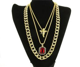 Mens Hip Hop Necklace Ruby Pendant Necklaces Fashion Cuban Link Chain Jewelry 3Pcs Set244i5472845