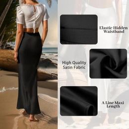 Skirts Women High Waist Skirt Elegant Faux Silk Satin For A-line Office Lady Solid Colours Korean A