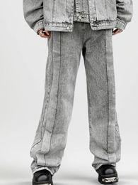 Men's Jeans Tide Men Grey Cargo Daily Handsome Slacks Straight Vintage Baggy Denim Trousers Cool Y2K Design Stitching Punk Pants