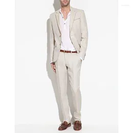 Men's Suits High Quality Single Breasted Notch Lapel Slim Fit Men Casual Beige Linen Prom Party 2 Piece Jacket Pants Set