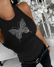 Women's Tanks Women Casual Daily Tee Tops Fashion 2024 Summer O-neck Rhinestone Butterfly Pattern Sleeveless Stretch Slim Fit Tank Top