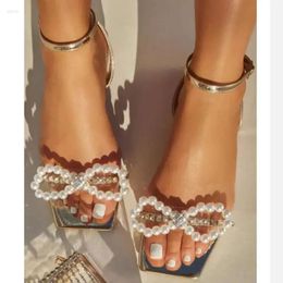with New Sandals Summer Bow Women's Pearl Flat Heels Elegant Rhinestone Party Ladies Shoes Plus Size 42 Sandalias 40d