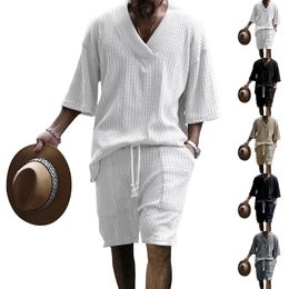 2024 Summer Mens Set Loose Casual Sports Suit High quality Jacquard V neck Short sleeved Shorts Two piece Clothing 240520