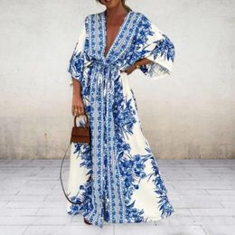 Casual Dresses Women Dress Skin-touching Maxi Large Hem Tie-Up Classic Boho Retro Print 3/4 Flare Sleeve Beach