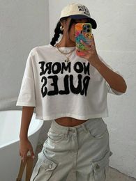 Women's T Shirts Cotton Women Crop T-shirts No More Rules Letter Prints Tops O-Neck Short Sleeves Tees Summer Fashion Street Female Clothing