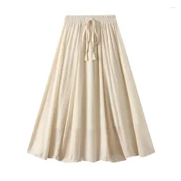 Skirts Cotton Linen Skirt Women Summer 2024 Lace-up Long Pleated For Solid Color High Waist A-line Female