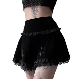 Skirts 2024 Punk Cross Pattern Mini Skirt Y2K Grunge Gothic Black Lace High Waist Pleated A-line Vintage Women E-girl Clothes